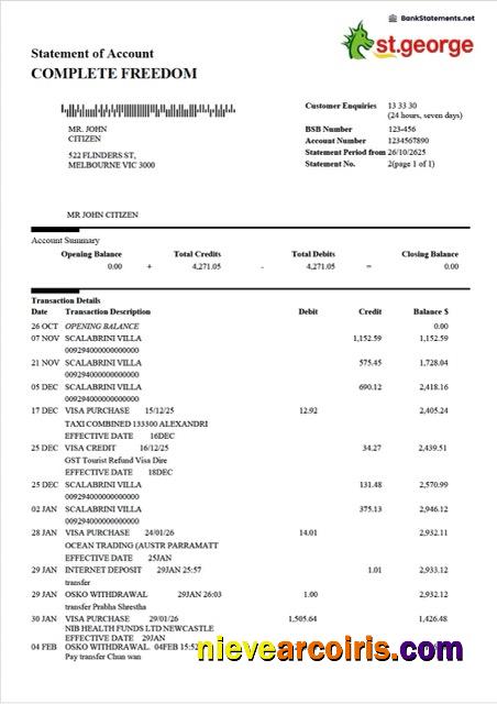 Australia St.George Bank statement of account Word and PDF